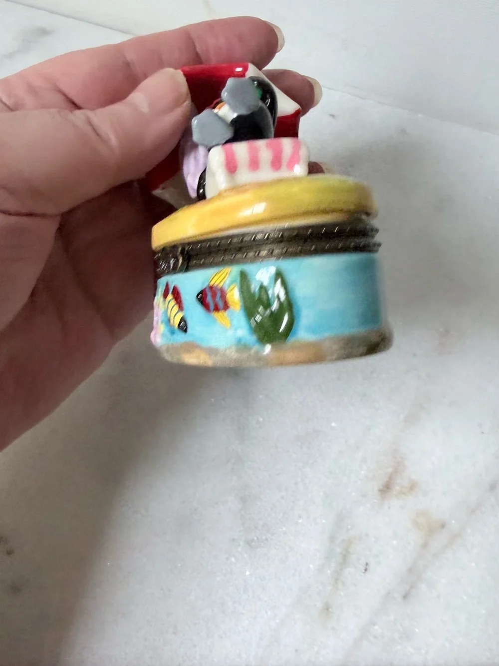 Hand-Painted Penguin Trinket Box with Red Umbrella